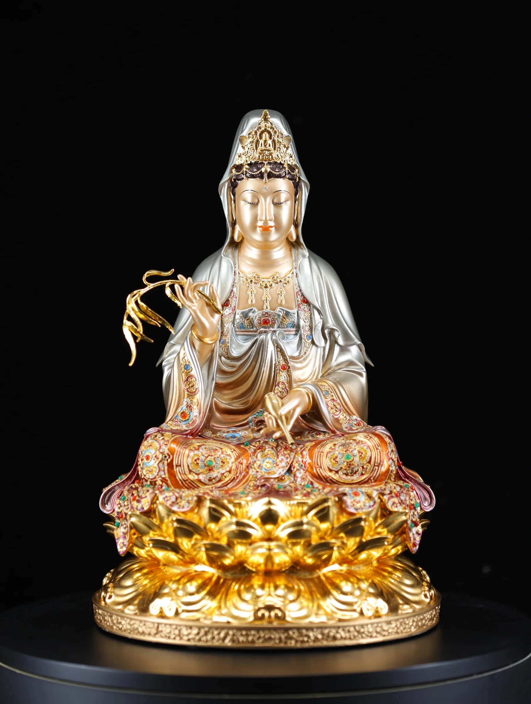 Willow-Branch Guanyin on Lotus — Enamel & Jewel Inlay — Front view