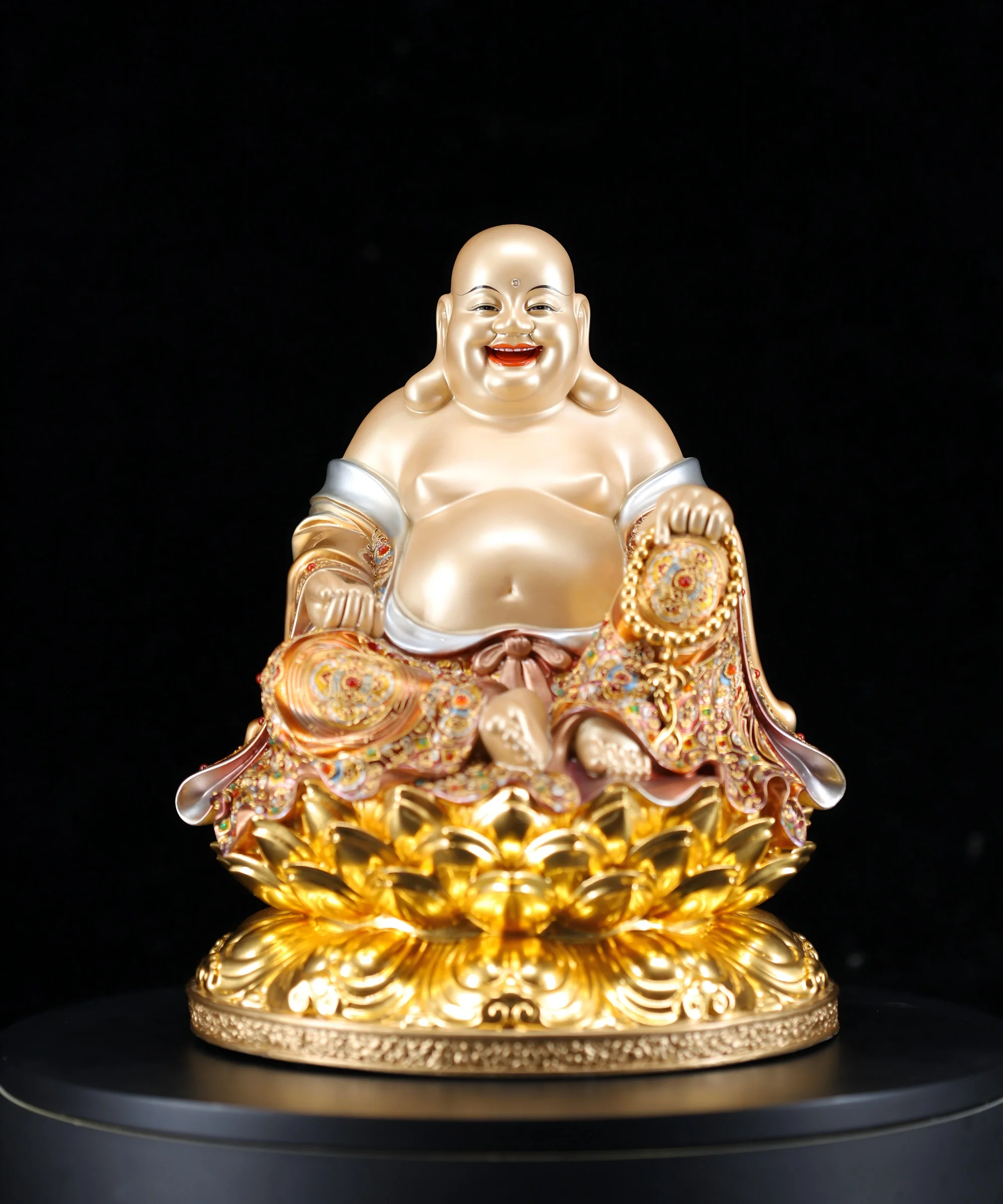 Maitreya Buddha on Lotus — Enamel & Jewel Inlay — Front view