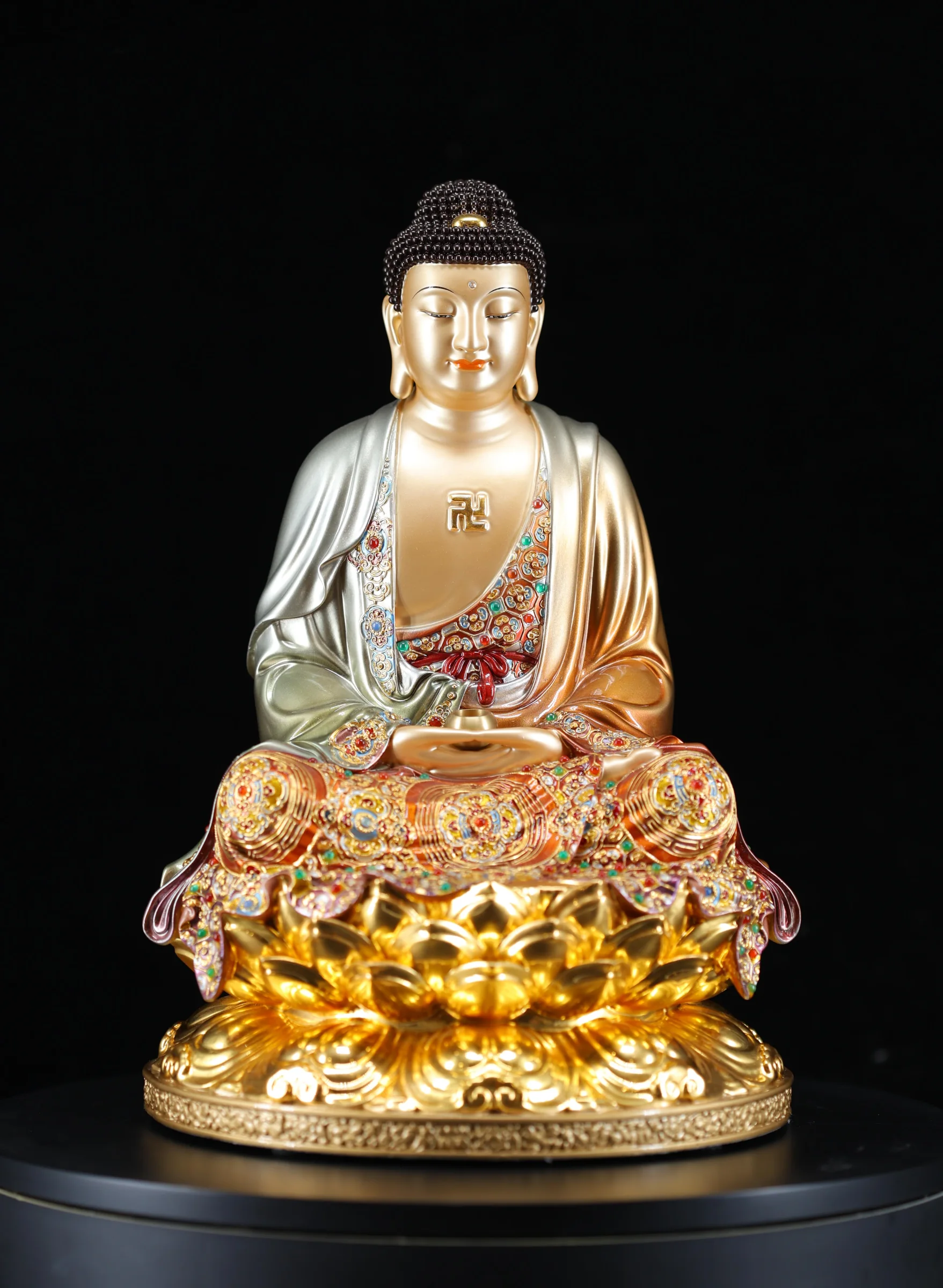 Shakyamuni Buddha on Lotus — Enamel & Jewel Inlay — Front view