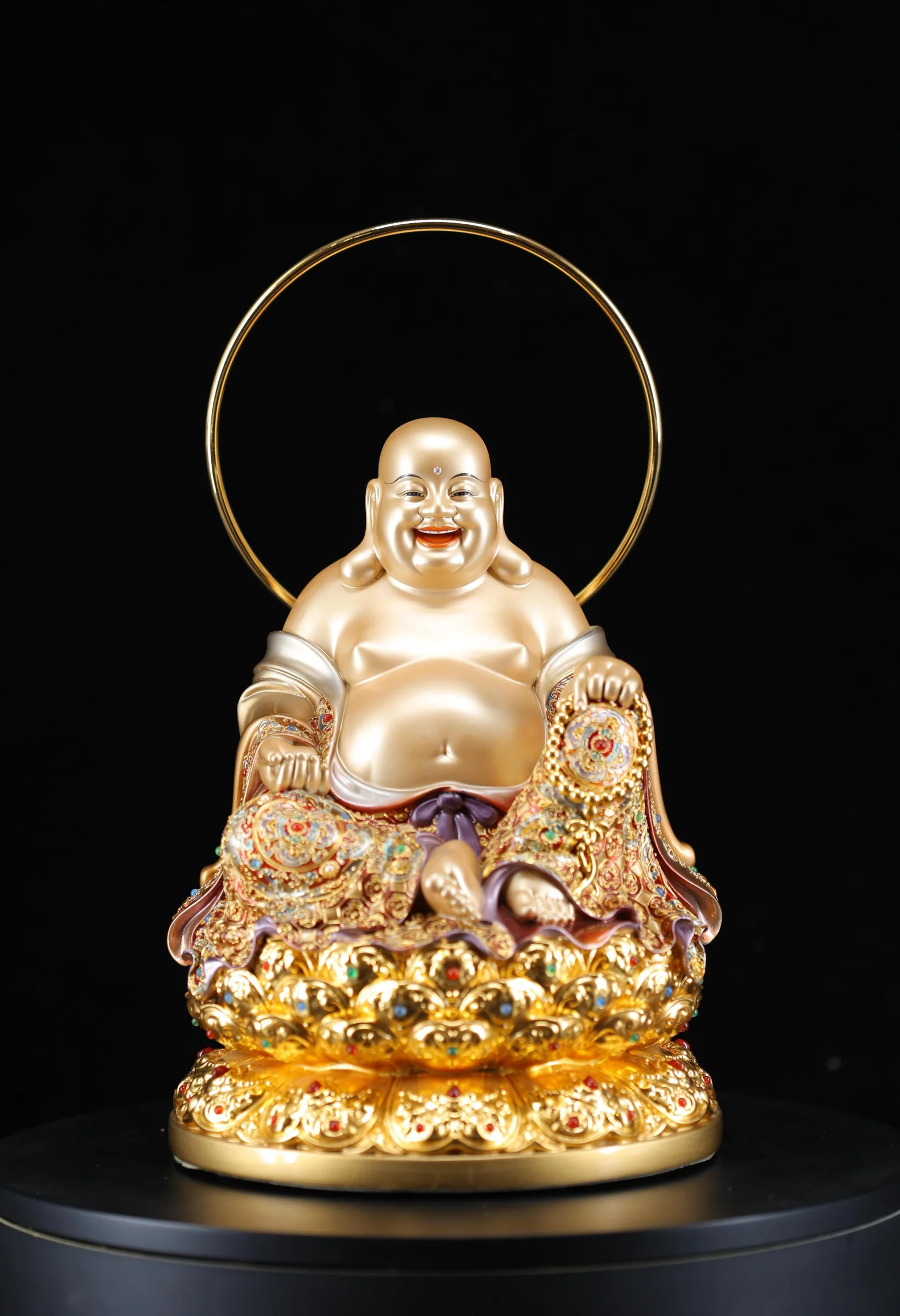 Haloed Maitreya Buddha — Enamel & Jewel Inlay — Front view