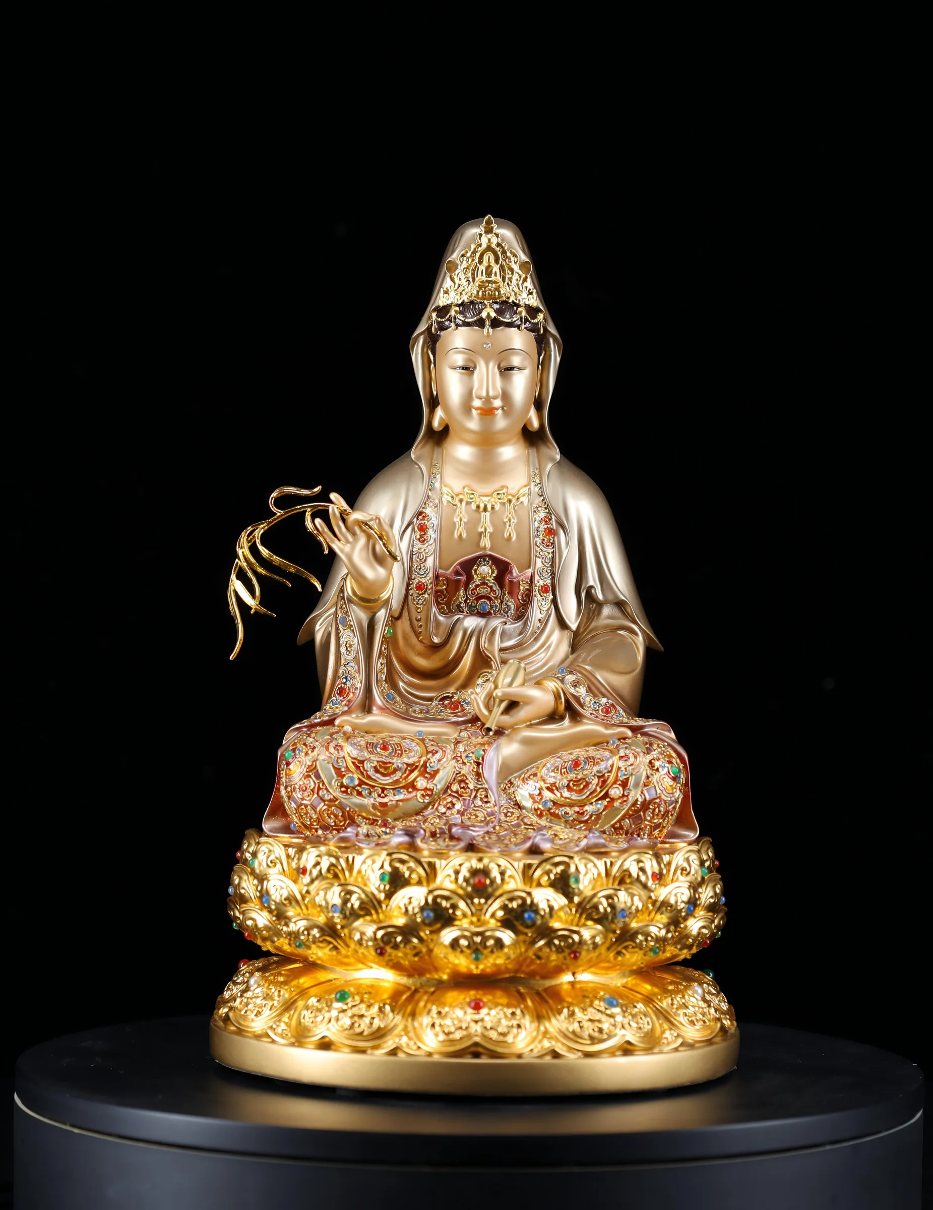 Guanyin — Lacquer Linework, Enamel & Jewel Inlay — Front view