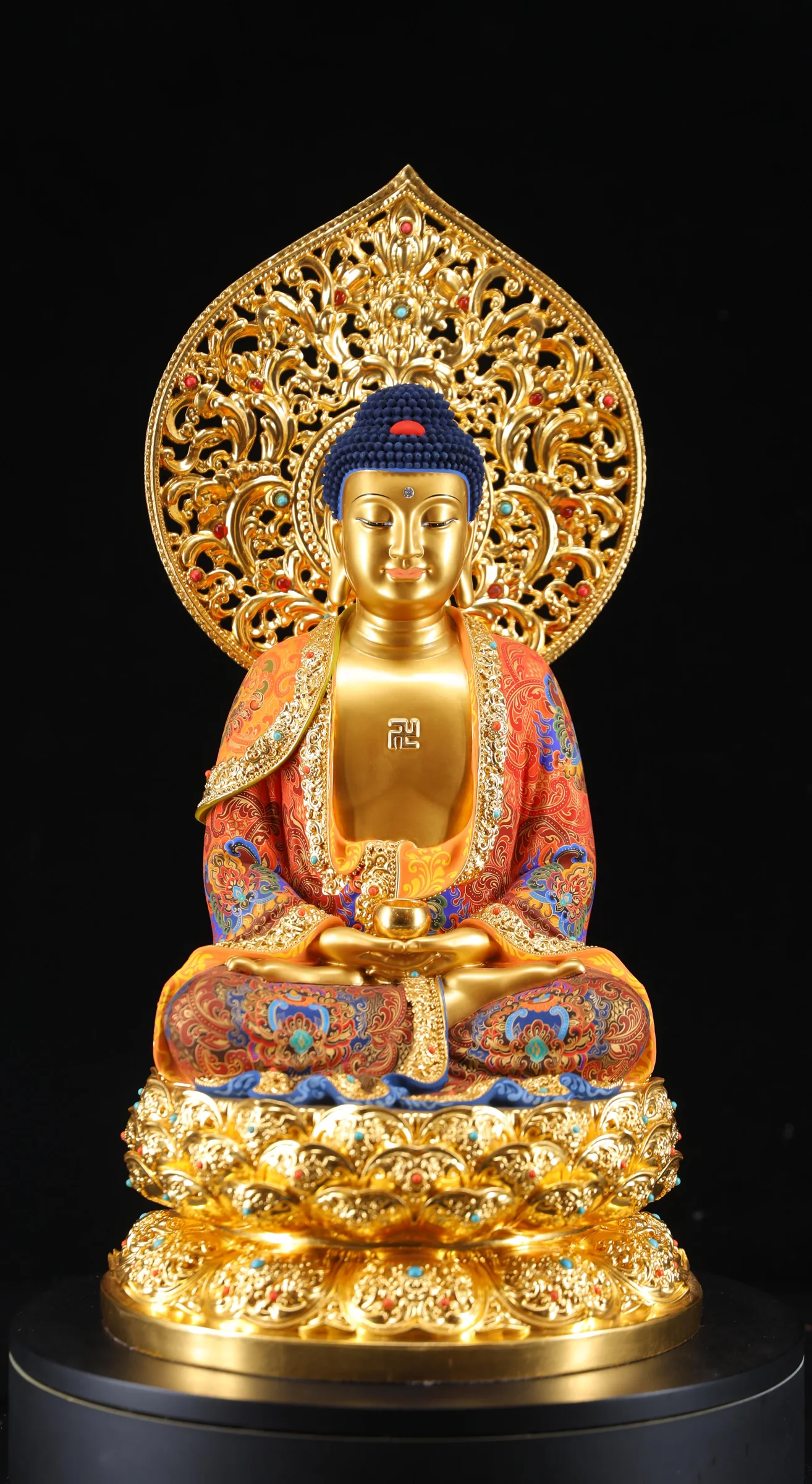 Shakyamuni Buddha — Painted, Gilded & Jewel-Inlaid — Front view